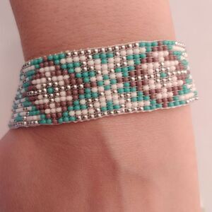 Loom Beaded Teal, White, Purple and Silver Bracele
